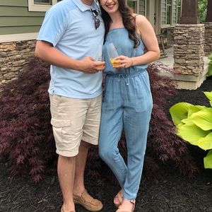 Faux denim jumpsuit.